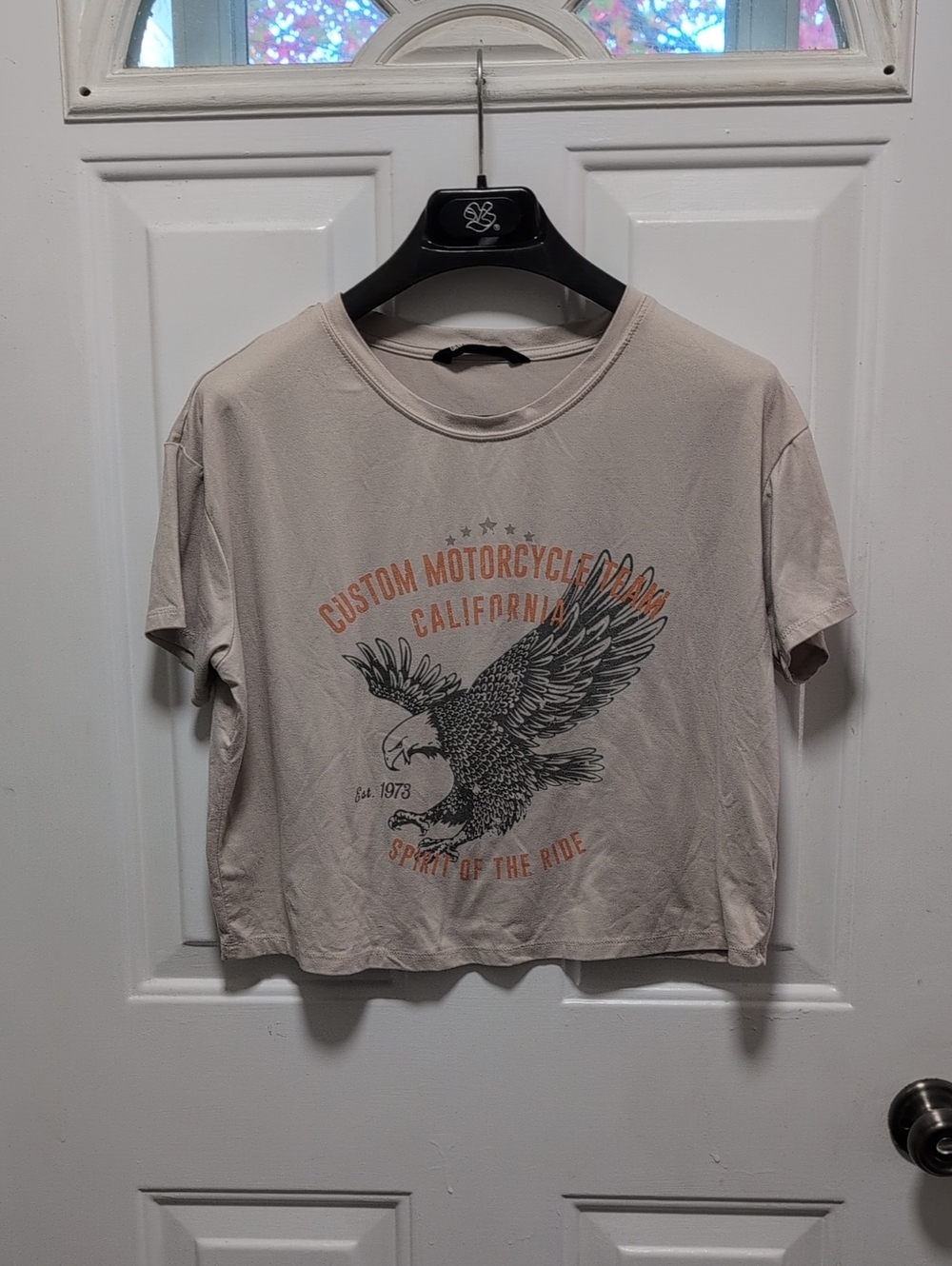 Bluenotes Beige Graphic Crop Tee with Eagle and Orange Accents